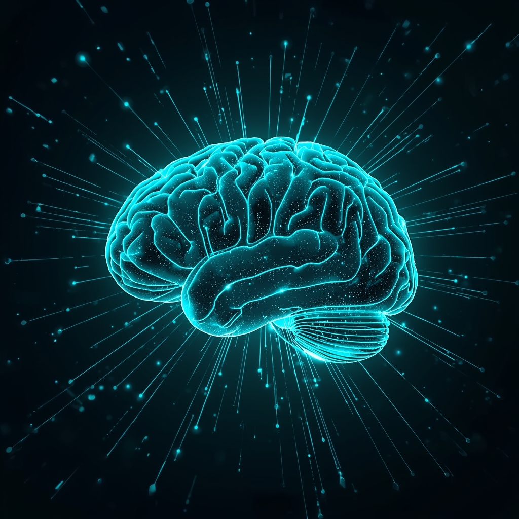 Futuristic AI digital brain with glowing neural network connections in teal and deep blue, floating data streams and code lines surrounding it, dark cosmic background, ultra high resolution 3D render, no people